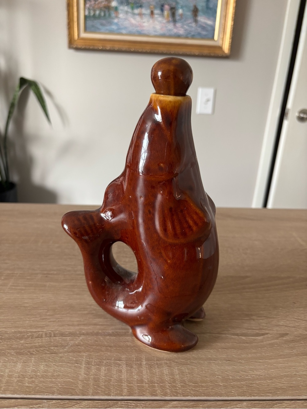 Vintage Handmade Brown Ceramic Fish Decanter with Stopper
